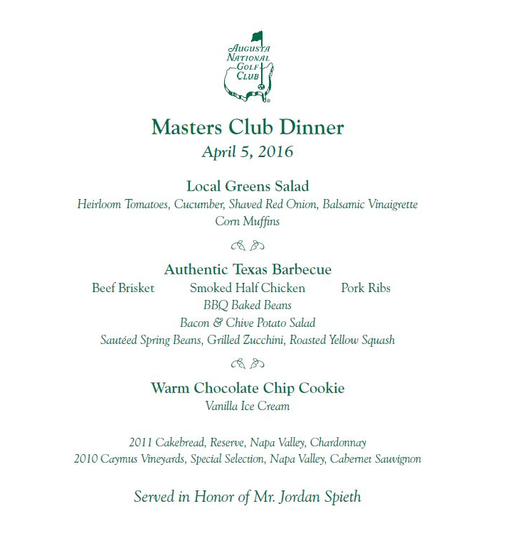 The Masters club menu 2016